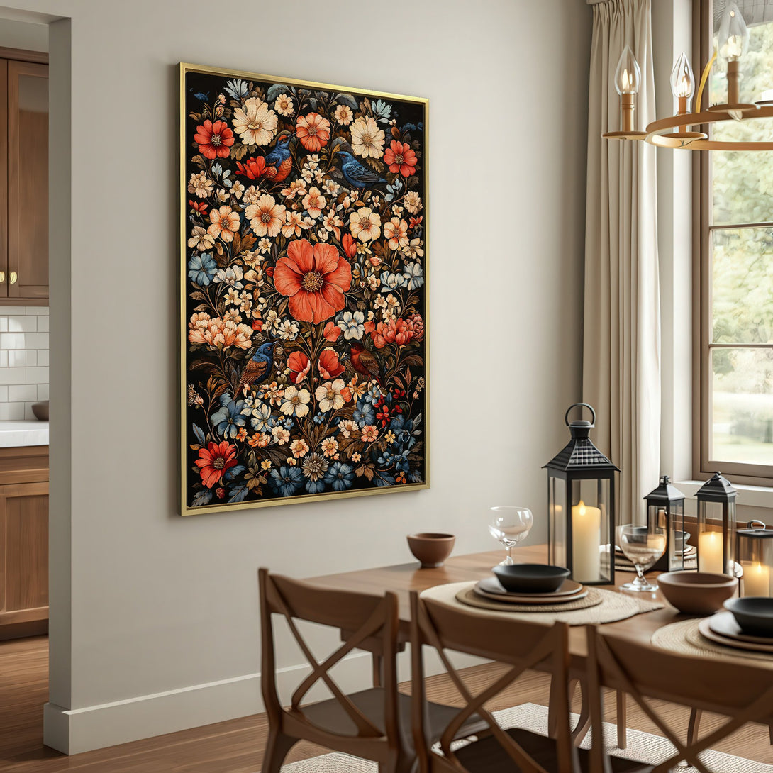 Canvas Print featuring a vibrant floral design with birds, in a vintage style, showcasing a warm, earthy color palette. Perfect wall art!
