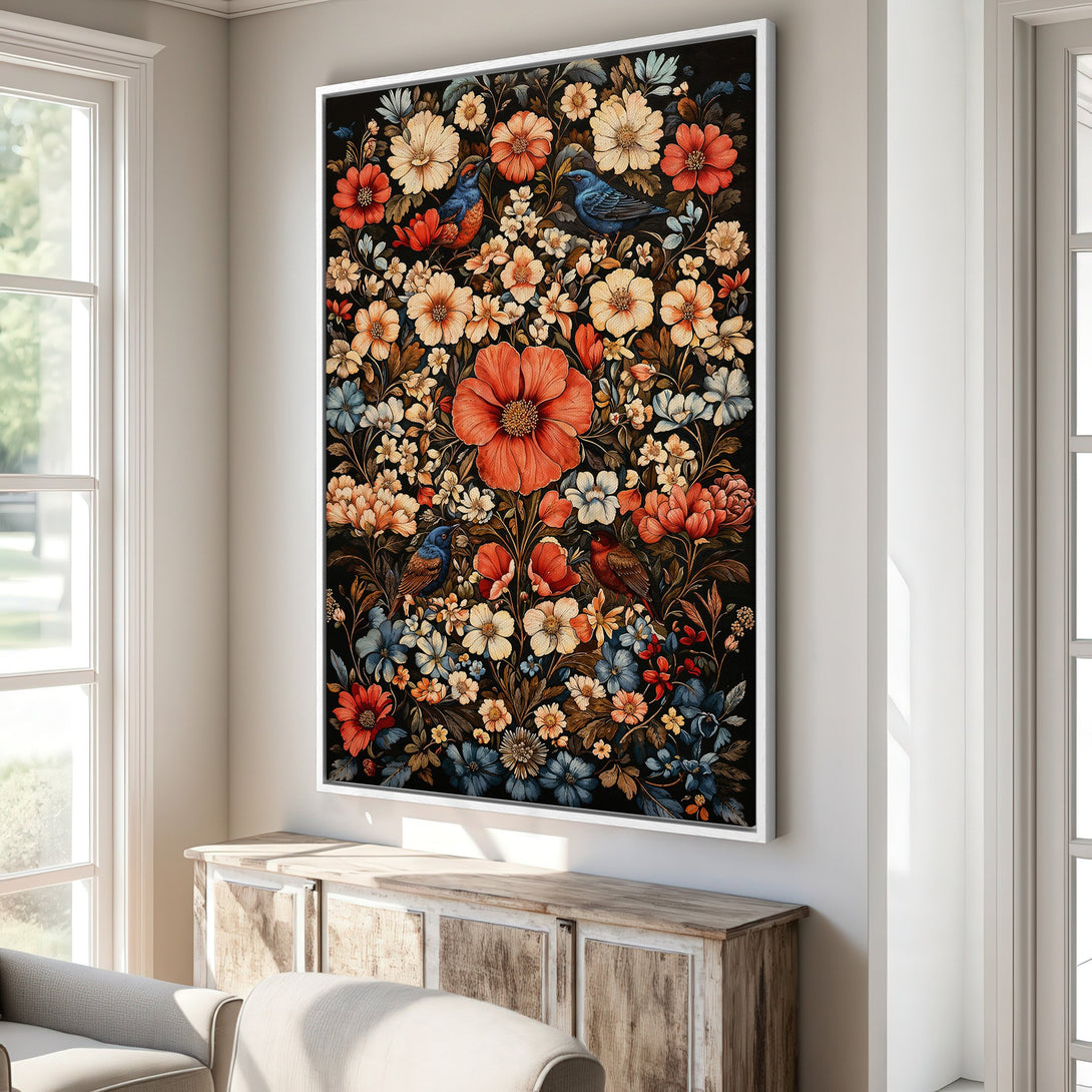 Framed Wall Art featuring a floral design with vibrant red, orange, and blue hues. Adds a touch of vintage charm to any interior space.