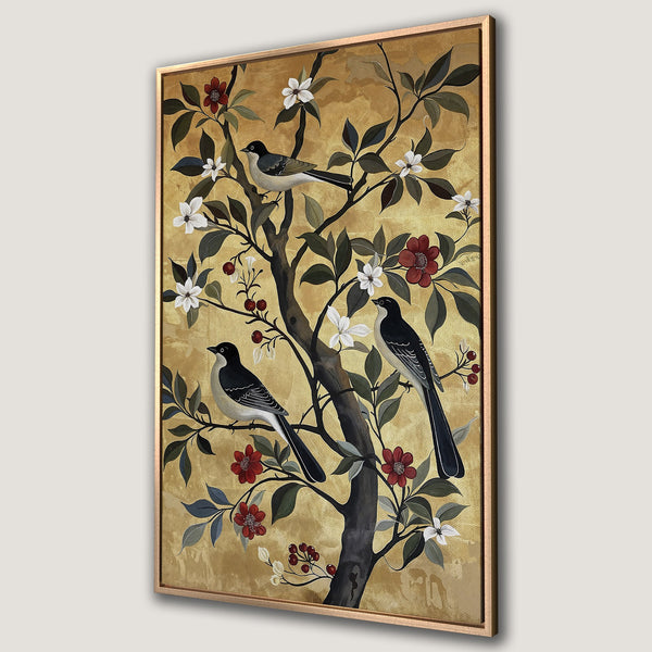 Framed Wall Art featuring birds in a tree with red and white flowers, set against a gold background. Elegant botanical art for your home décor.