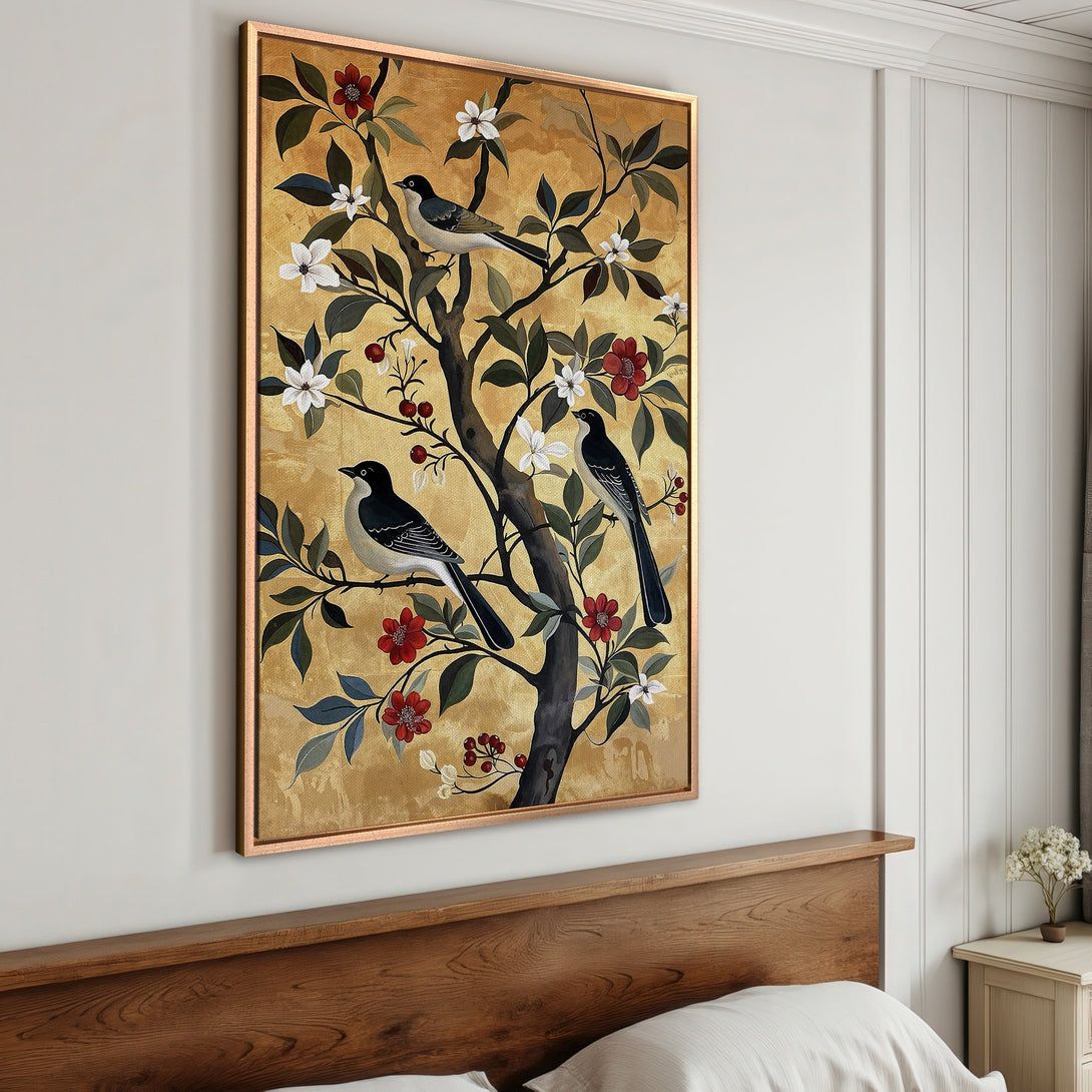 Framed Wall Art: Elegant bird and floral print in a gold, red, and green color palette. Perfect for adding a touch of nature and sophistication to your home.