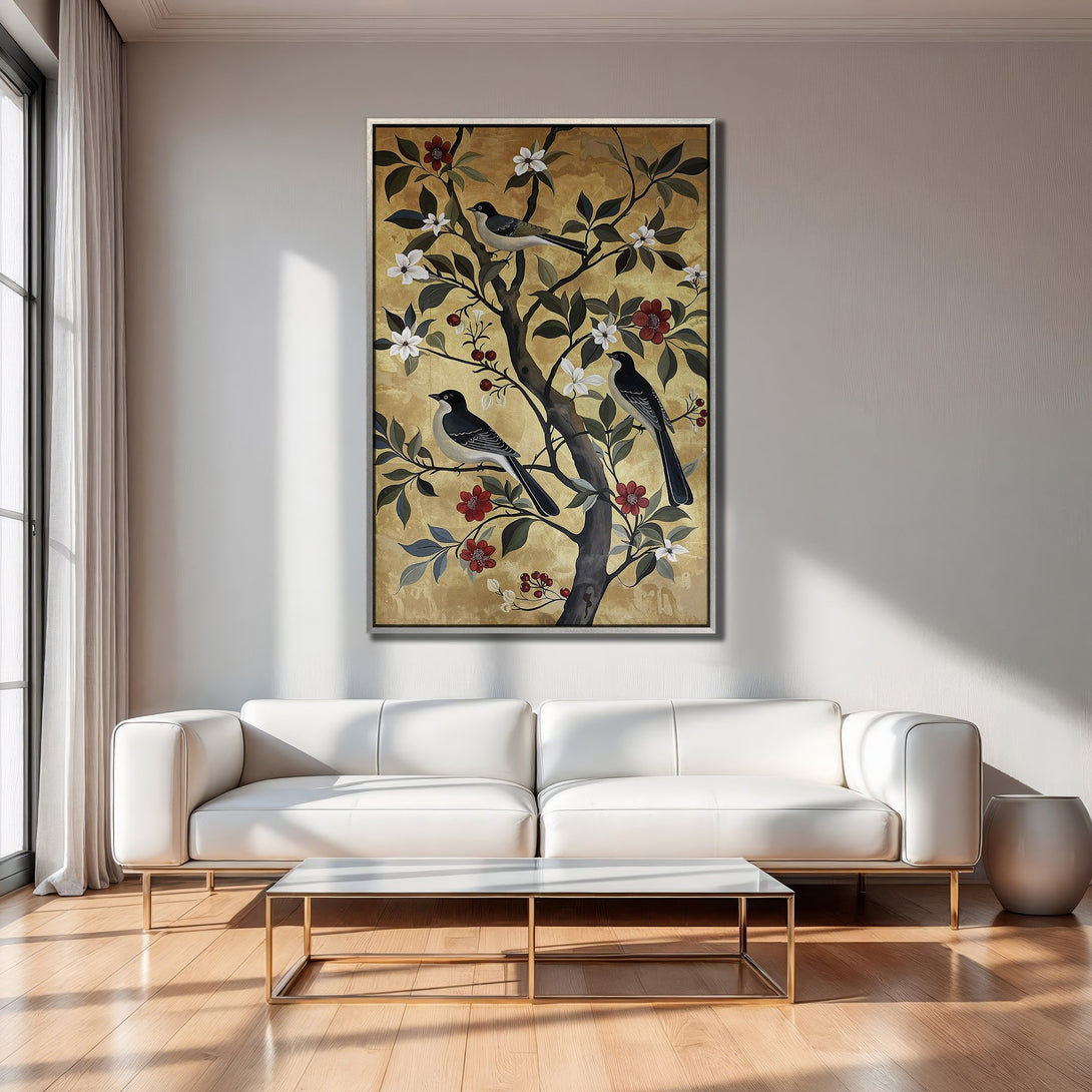 Framed Wall Art featuring birds on a tree with a gold background. Elegant, botanical style with a warm color palette. Perfect for living room decor.