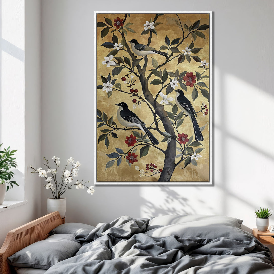 Framed Wall Art featuring birds on a tree with gold background. Elegant, vintage-inspired artwork in a warm, inviting color palette. Perfect bedroom decor.