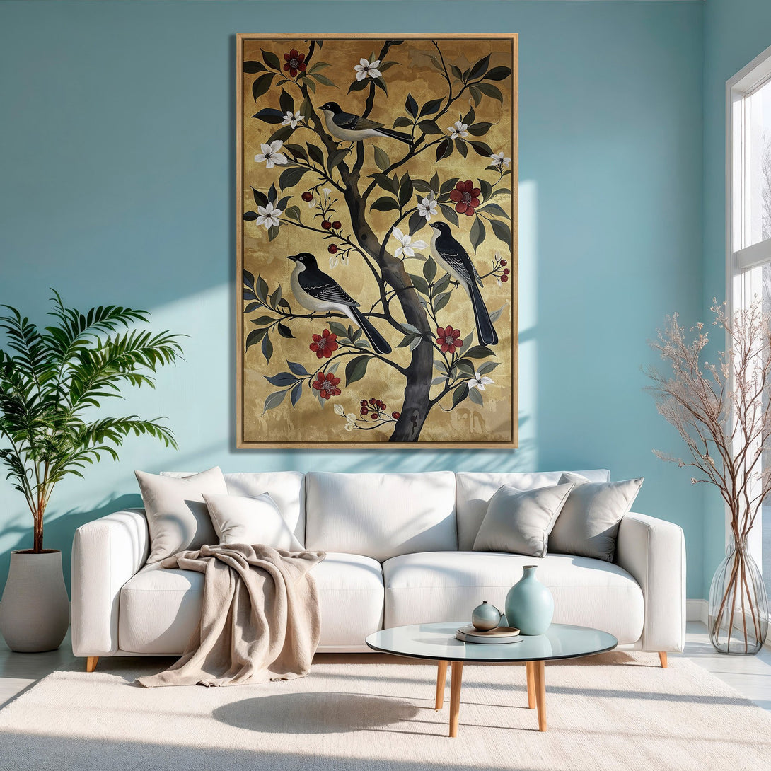 Framed Wall Art: Bird illustration Canvas Print in gold, red, and black. Elegant home decor with a botanical theme and a modern style.