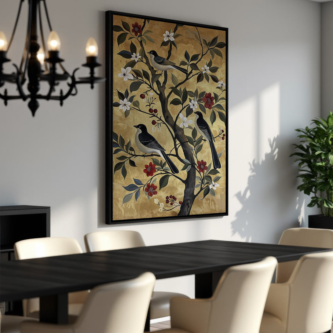 Framed Wall Art featuring birds on a tree with a gold background. Elegant canvas print with a vintage style, showcasing a warm color palette. Perfect for dining room decor.
