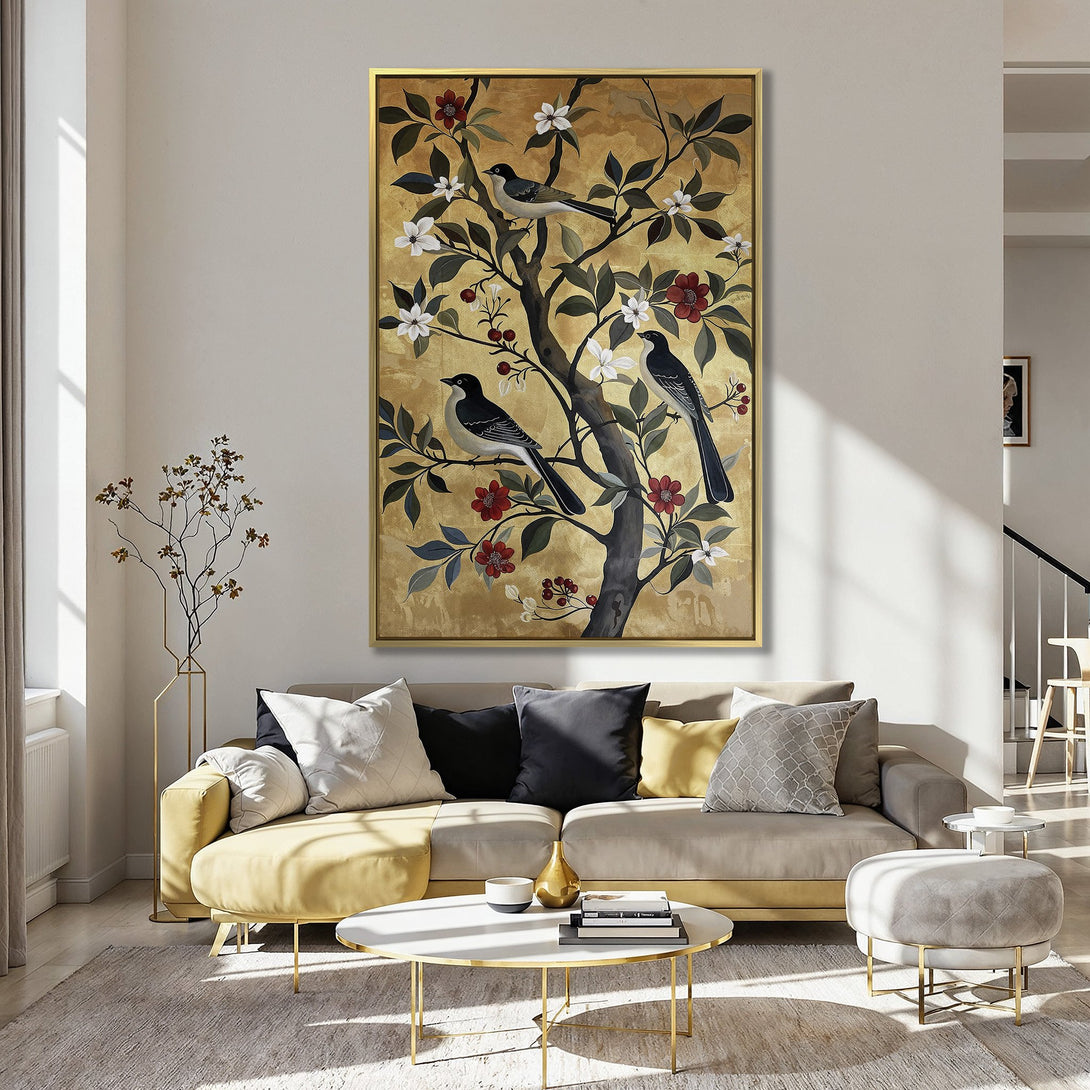 Canvas Print of birds on a tree with gold background. Elegant, vintage style wall art in a warm color palette. Perfect for any room!