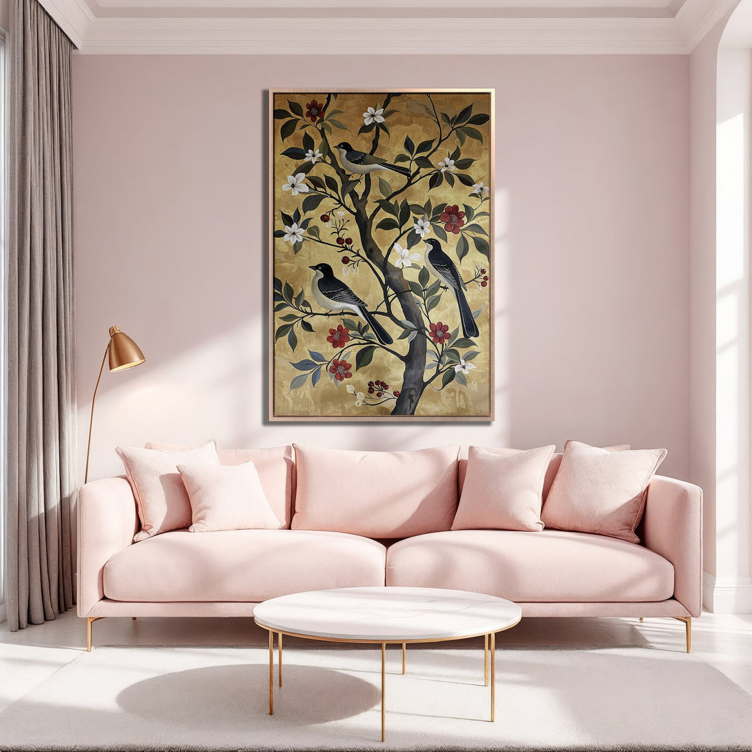 Framed Wall Art featuring birds in a tree with a gold and floral design. Soft pink and gold color palette, perfect for adding elegance to your home.
