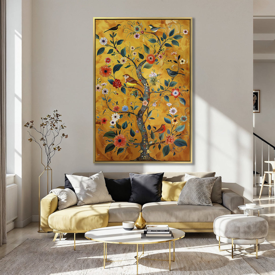 Canvas Print of a vibrant, whimsical tree with birds and flowers, in a warm yellow and floral color palette, perfect for home decor.