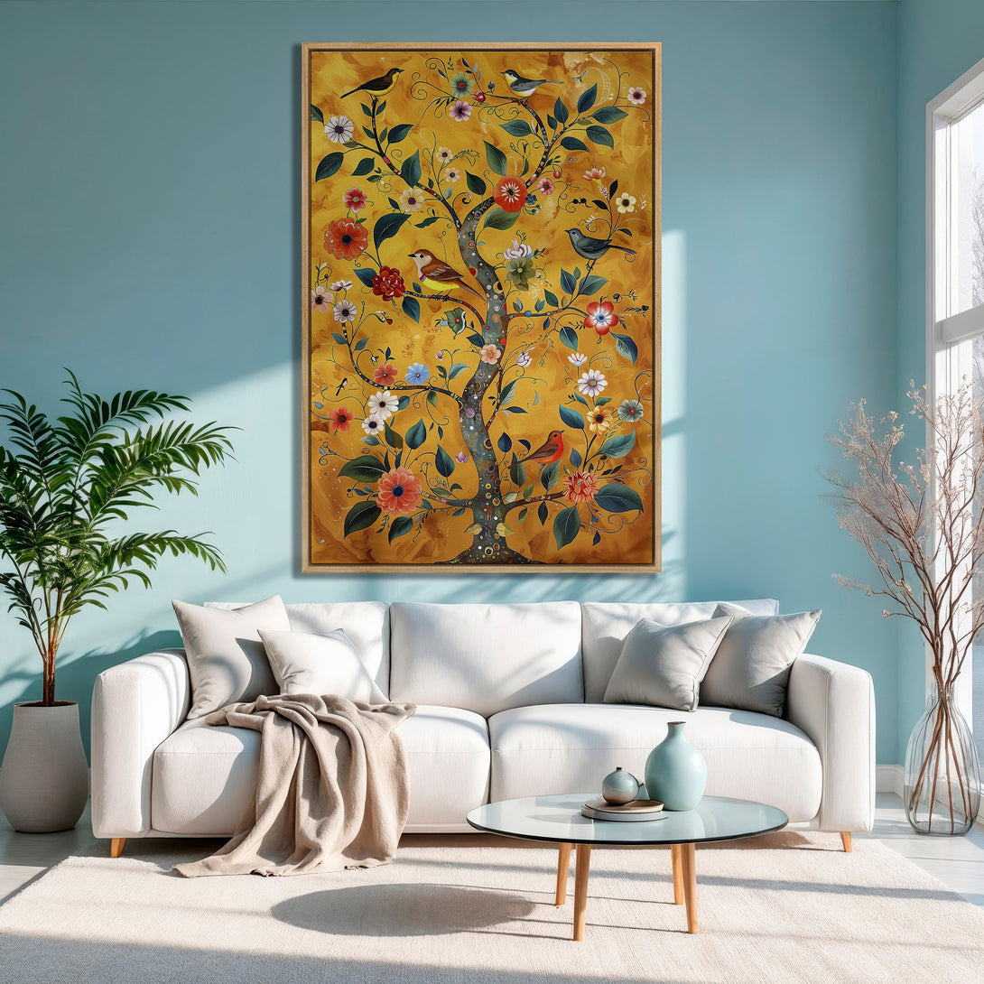 Framed Wall Art: Whimsical tree with birds & flowers in warm yellow tones. Perfect for adding a touch of nature-inspired art to your home!