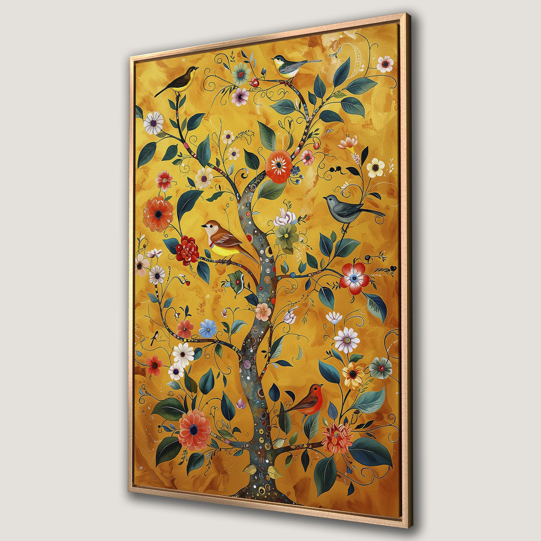Framed Wall Art featuring a vibrant tree with birds and flowers, in a whimsical style with a warm yellow and earthy color palette.