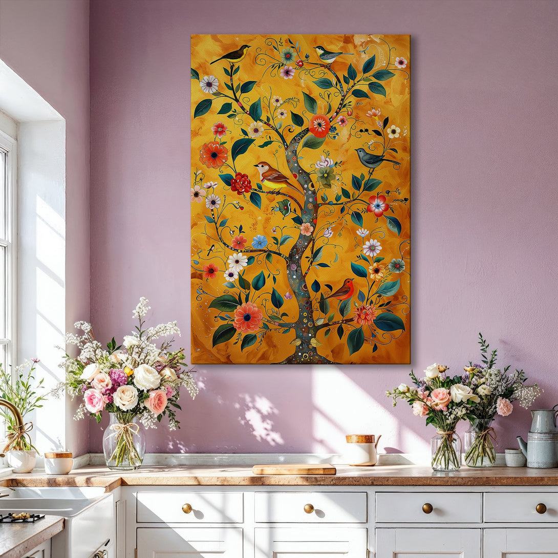 Framed Wall Art featuring a vibrant tree with birds and flowers, perfect for adding a pop of color to any space. Warm yellow and gold tones.