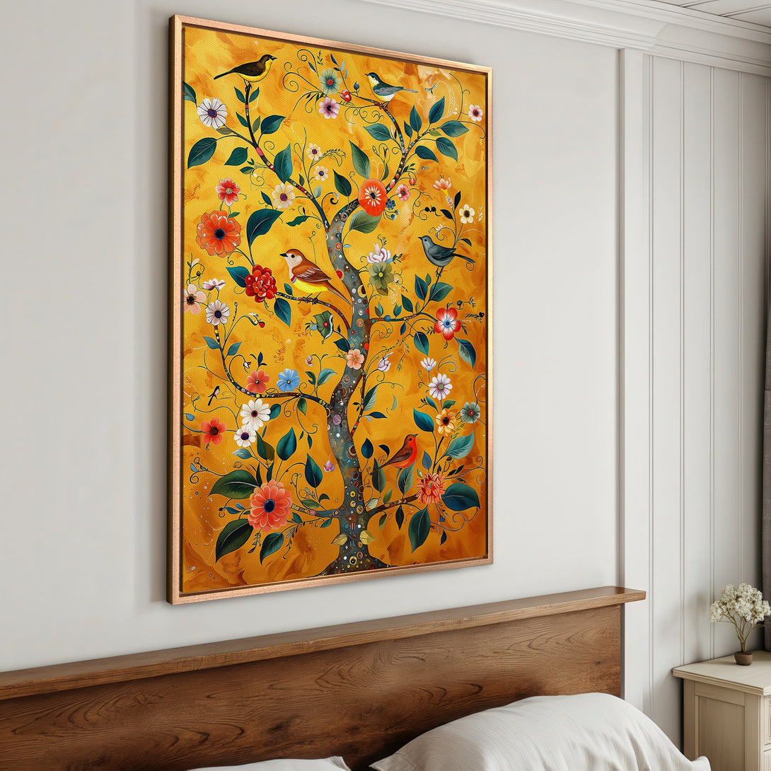 Framed Wall Art: Vibrant tree of life canvas print with birds and flowers, warm yellow, orange, and green color palette, perfect for bedroom decor.