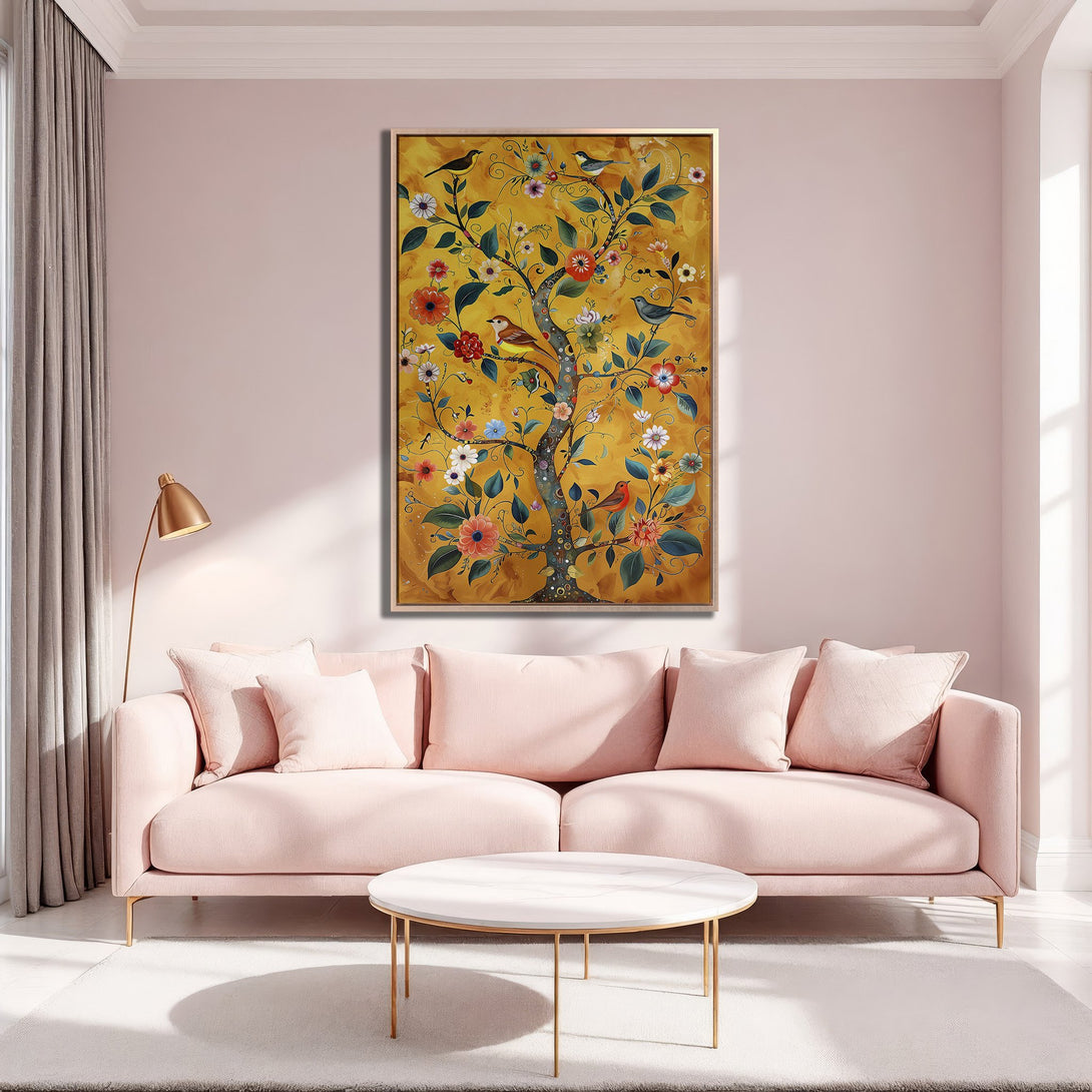 Framed Wall Art: Colorful tree with birds, floral details, and a warm yellow background. Perfect for adding a touch of elegance to any living room.