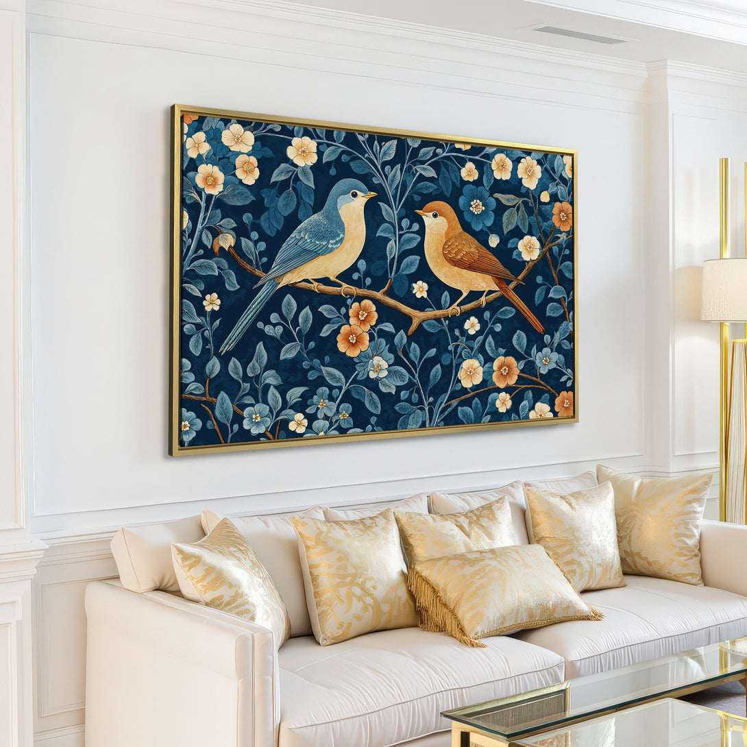 Canvas Print featuring birds and floral design in a classic style with a navy, blue, and gold color palette. Perfect wall art for any home.