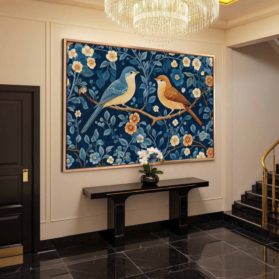 Framed Wall Art: Birds on Branch Canvas Print. Blue, gold, and orange floral design. Perfect for adding elegance to your home decor.