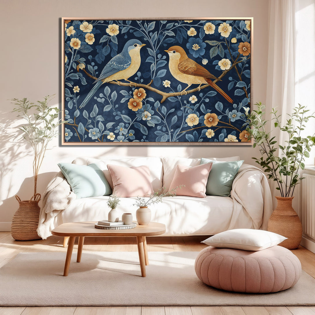 Framed Wall Art: Vintage-style Canvas Print of birds on a branch, showcasing a rich blue, gold, and brown color palette. Perfect for adding elegance to any room.