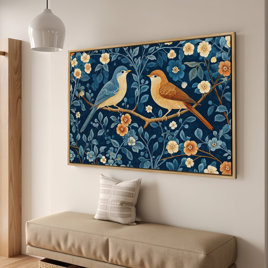 Framed Wall Art featuring two birds on a branch with floral details. A beautiful, vintage-style Canvas Print in blue, orange, and cream tones. Perfect for home decor.