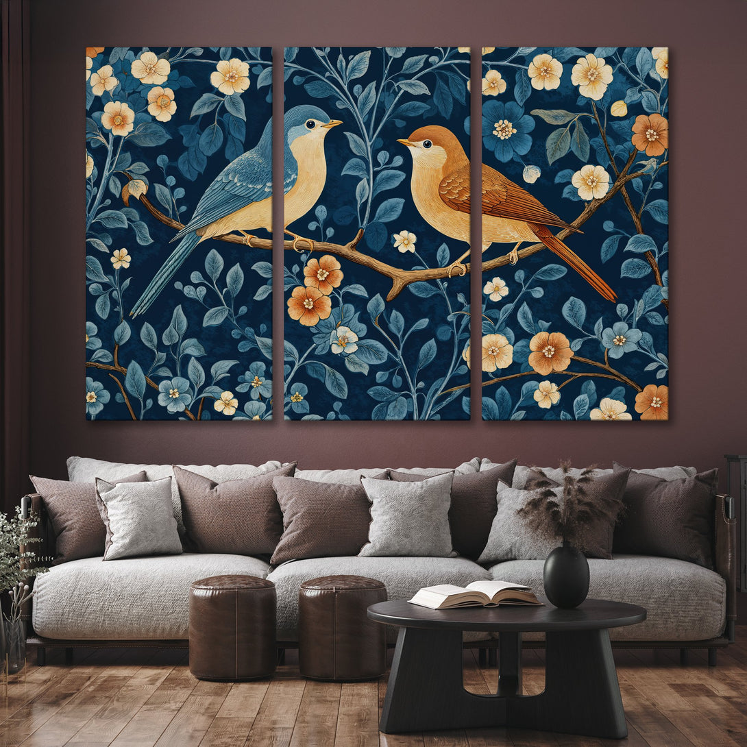 Canvas Print featuring birds and floral design in a vintage style with a deep blue and warm color palette. Perfect for adding elegance to your home!