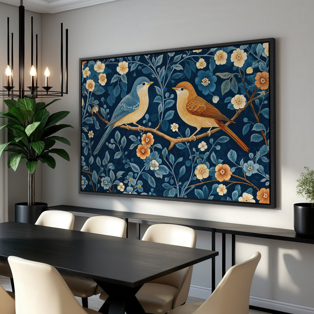 Framed Wall Art: Birds on a branch with flowers. Vintage style, navy blue, orange, and cream color palette. Perfect for dining room decor.