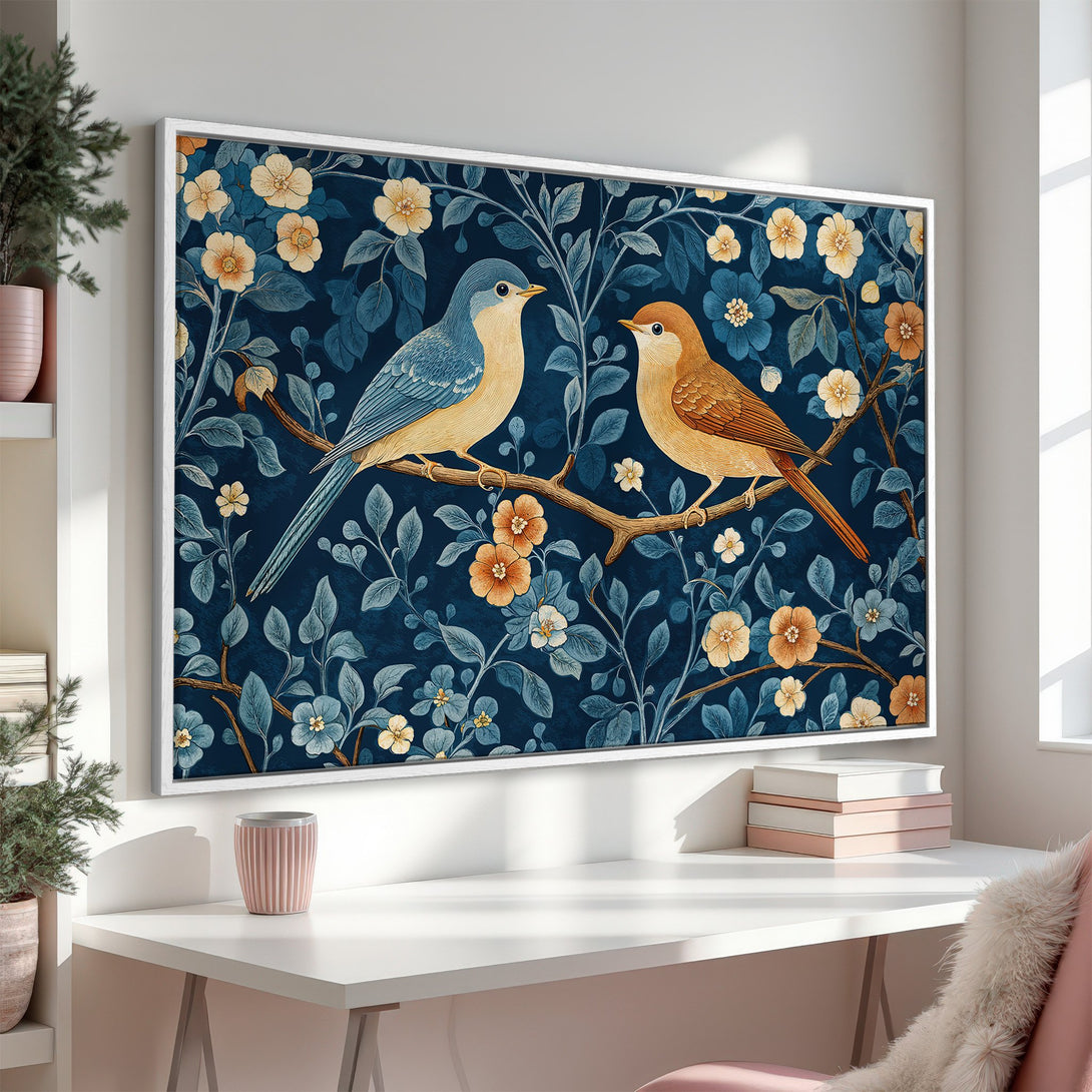 Framed Wall Art featuring two birds on a branch with floral design. Elegant, vintage style with a blue, gold, and orange color palette. Perfect home decor.