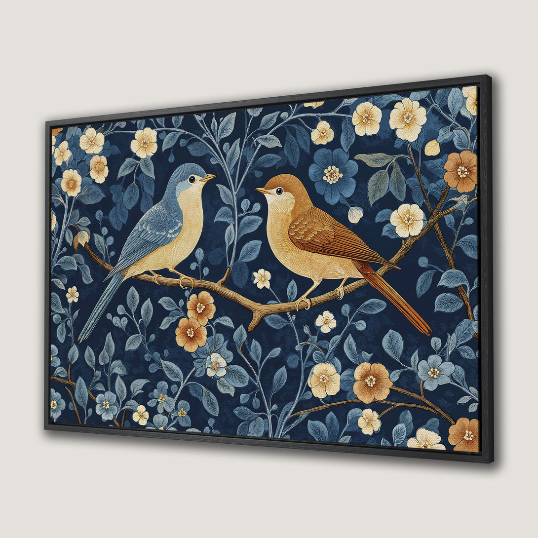 Framed Wall Art: Birds and floral design in a vintage style with a navy, gold, and brown color palette. Perfect for adding a touch of elegance.