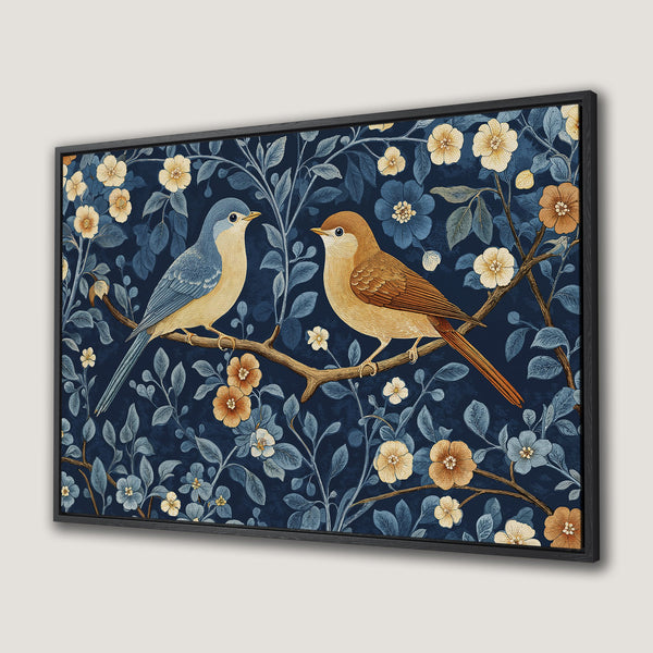 Framed Wall Art: Birds and floral design in a vintage style with a navy, gold, and brown color palette. Perfect for adding a touch of elegance.