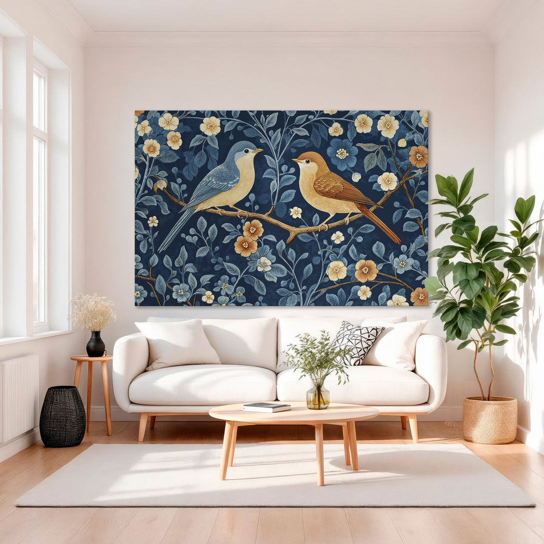 Framed Wall Art: Birds on a branch with flowers, a classic design in blue, gold, and orange. Perfect for adding elegance to any room.