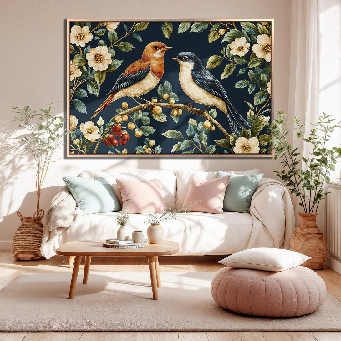 Framed Wall Art featuring watercolor birds on a branch. Elegant botanical design with a navy, cream, and warm earth-tone color palette. Perfect for living rooms.