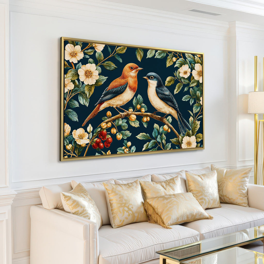 Canvas Print of birds on a branch with flowers. Watercolor style art with a dark blue background and warm, natural colors. Perfect wall decor!