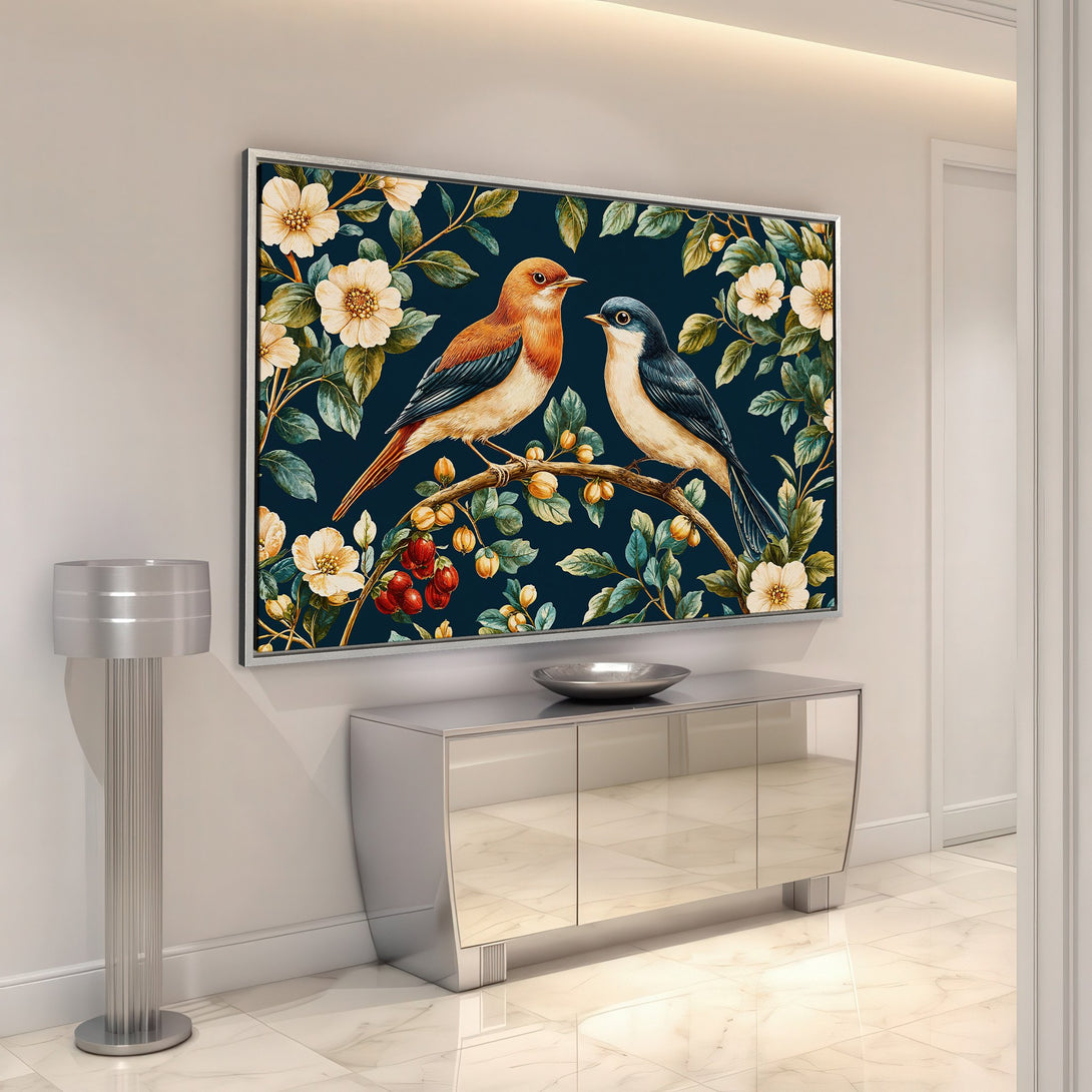 Framed Wall Art featuring watercolor birds and floral design on a dark blue background. Adds a touch of nature's beauty to any room!