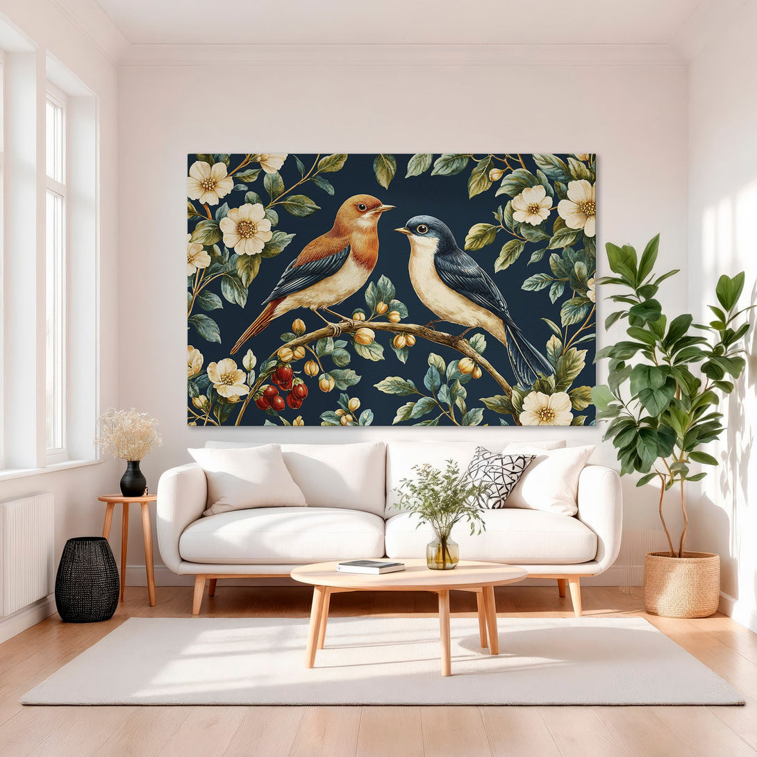Framed Wall Art: Watercolor birds on a branch with floral accents. Rich navy, gold, and cream color palette. Perfect for adding elegance to your home.