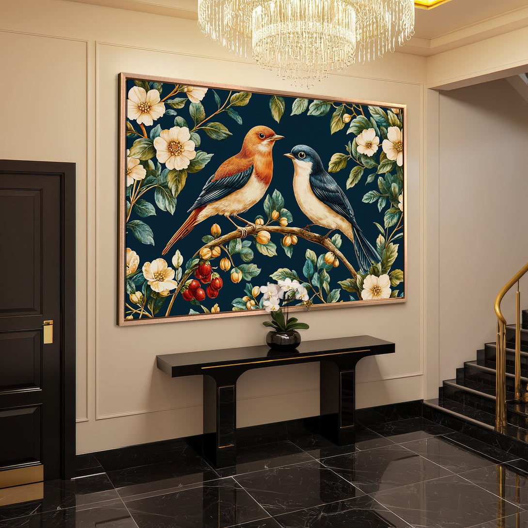 Framed Wall Art featuring birds and floral design in a dark teal and cream color palette. Perfect for elegant home decor.