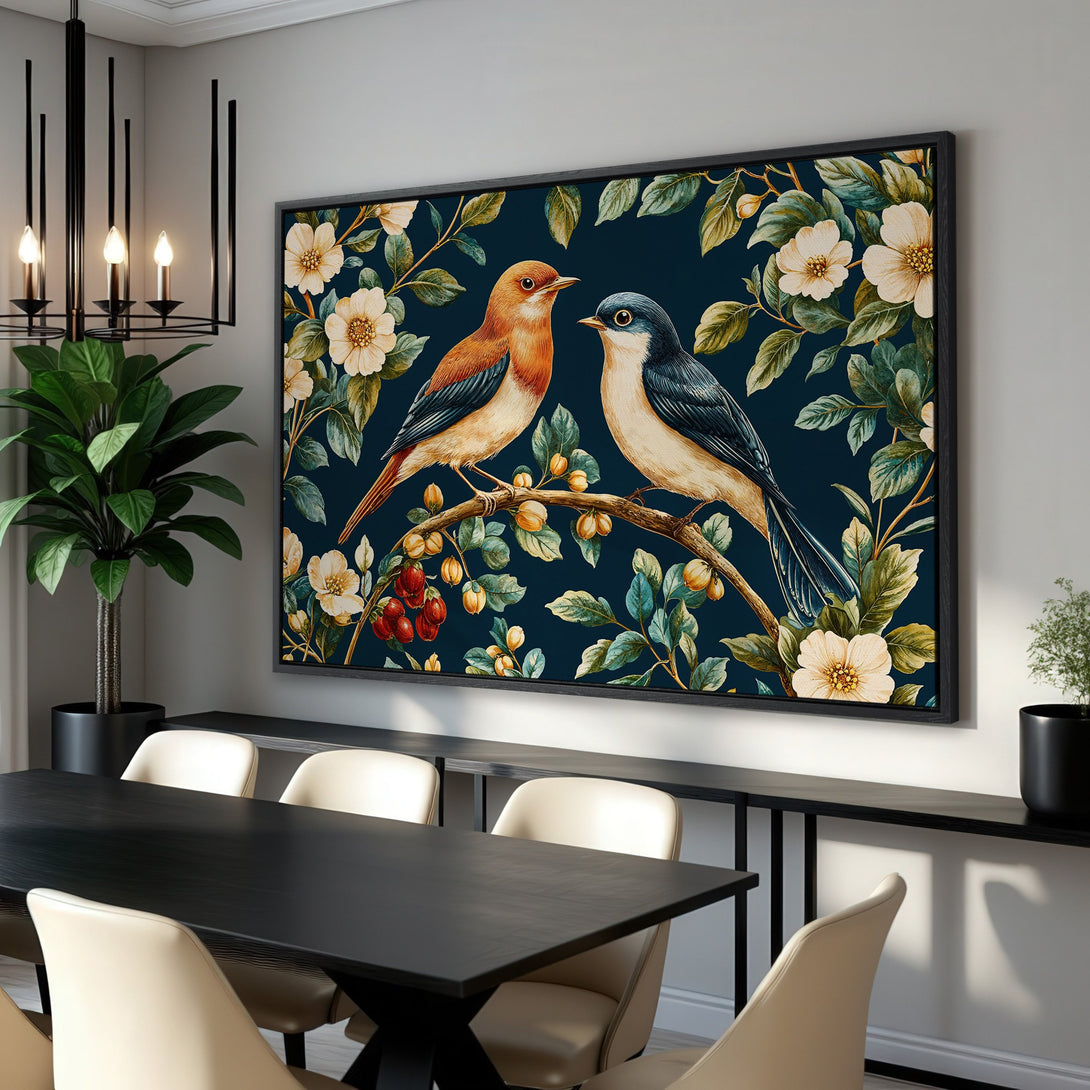 Framed Wall Art: Watercolor birds on a branch, botanical print with deep blue, cream, and green hues. Perfect for adding elegance to any space.