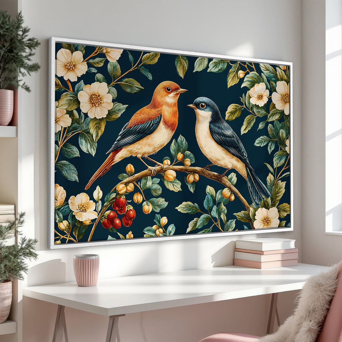 Framed Wall Art featuring birds on a branch with flowers. Botanical style art with a dark blue background, warm orange, and cream color palette.