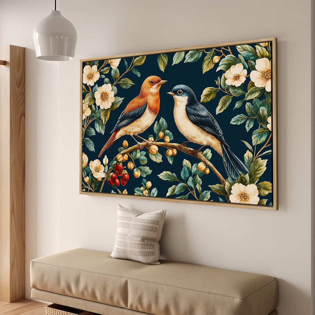 Framed Wall Art of birds on a branch with flowers, in a botanical style. Features a deep blue, green, and cream color palette. Perfect home decor.