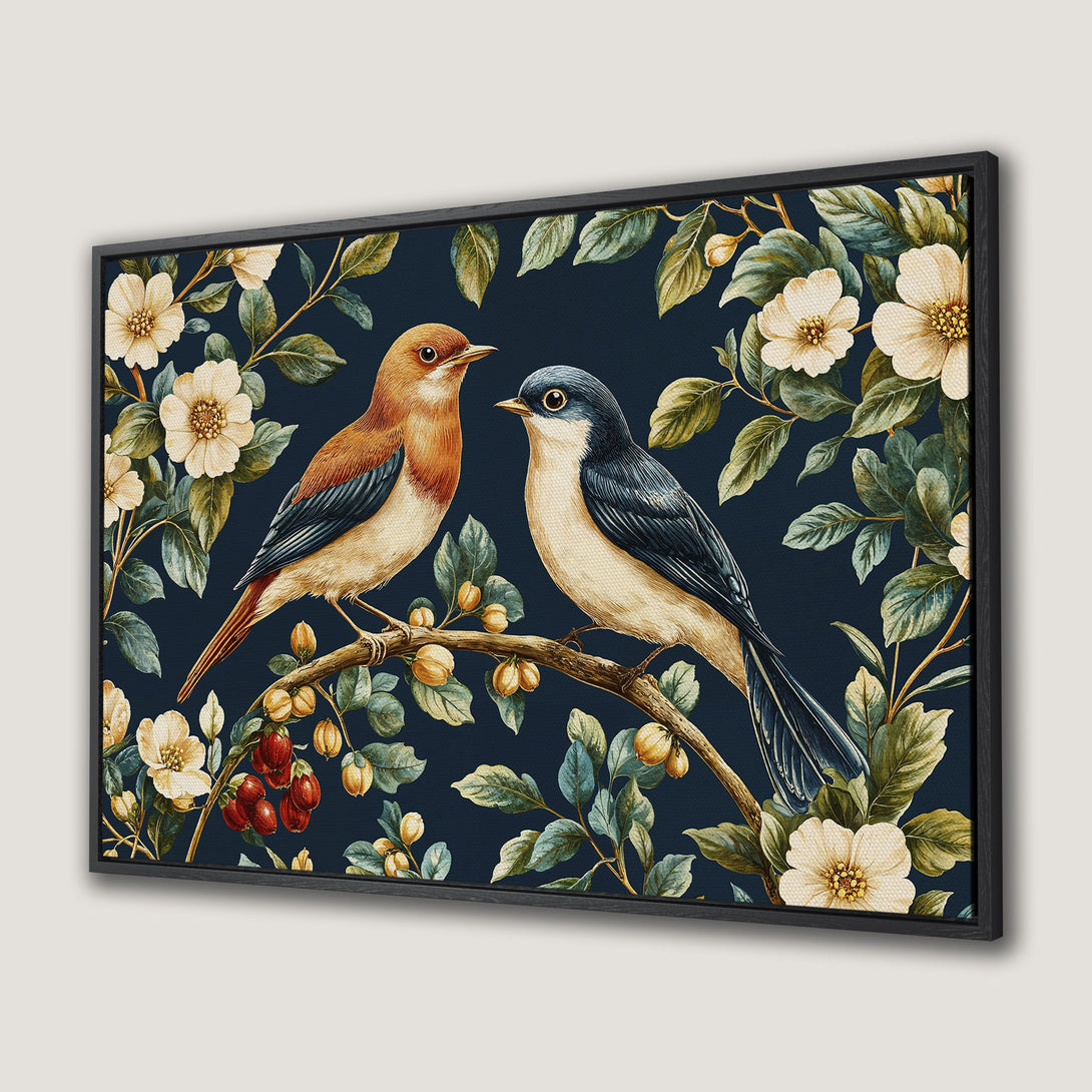 Framed Wall Art: Watercolor birds on a branch with flowers, dark blue background, elegant style, adds a touch of nature to your decor.