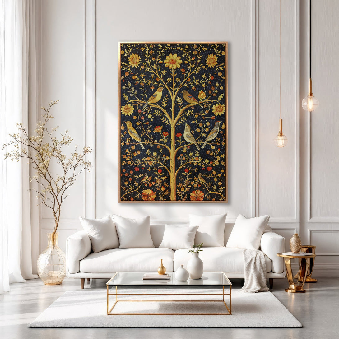 Framed Wall Art: Elegant tree and birds design in gold, yellow, and navy blue. Perfect for adding a touch of sophistication to your living room.