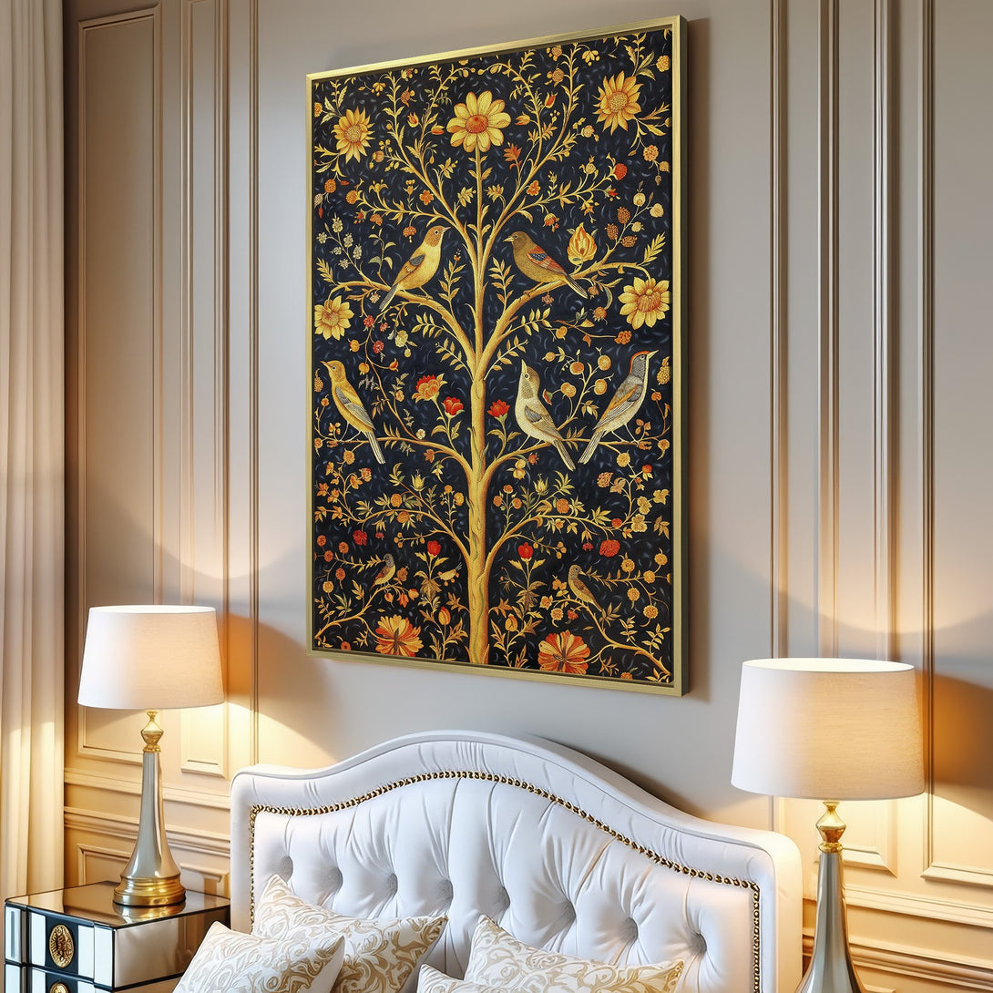 Canvas Print of a tree with birds, featuring a vintage style and a dark blue, gold, and orange color palette, enhancing living room decor.