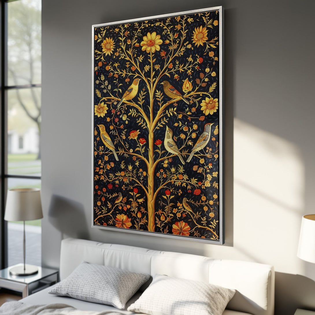 Framed Wall Art: Stunning botanical Canvas Print with birds, featuring a dark blue background and a warm gold and orange color palette. Perfect for any interior!