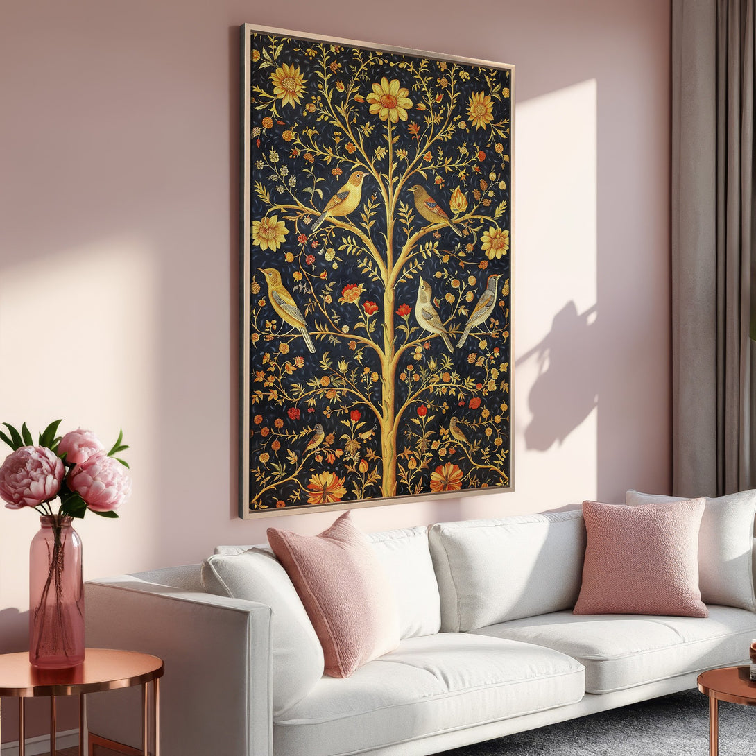 Framed Wall Art featuring a botanical tree and bird design in a rich, dark blue and gold palette. Perfect for adding a touch of elegance to your home decor.