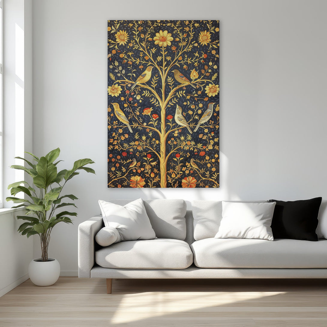 Framed Wall Art: Elegant tree and bird design in a dark blue, gold, and red color palette. Adds a touch of classic style to any bedroom.