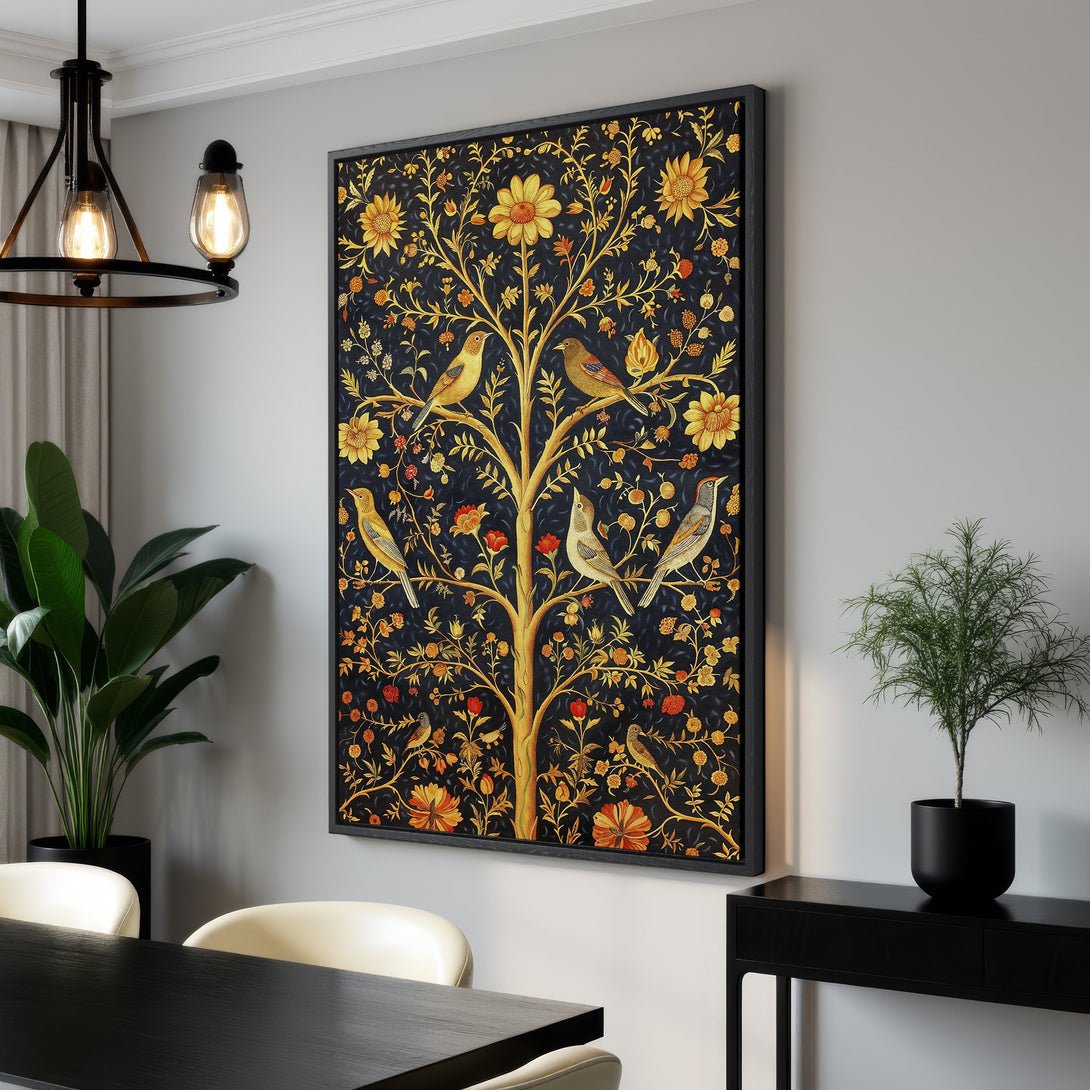 Framed Wall Art featuring a tree with birds, in a vintage style. The artwork has a dark blue, gold, and orange color palette, perfect for adding elegance to your space.