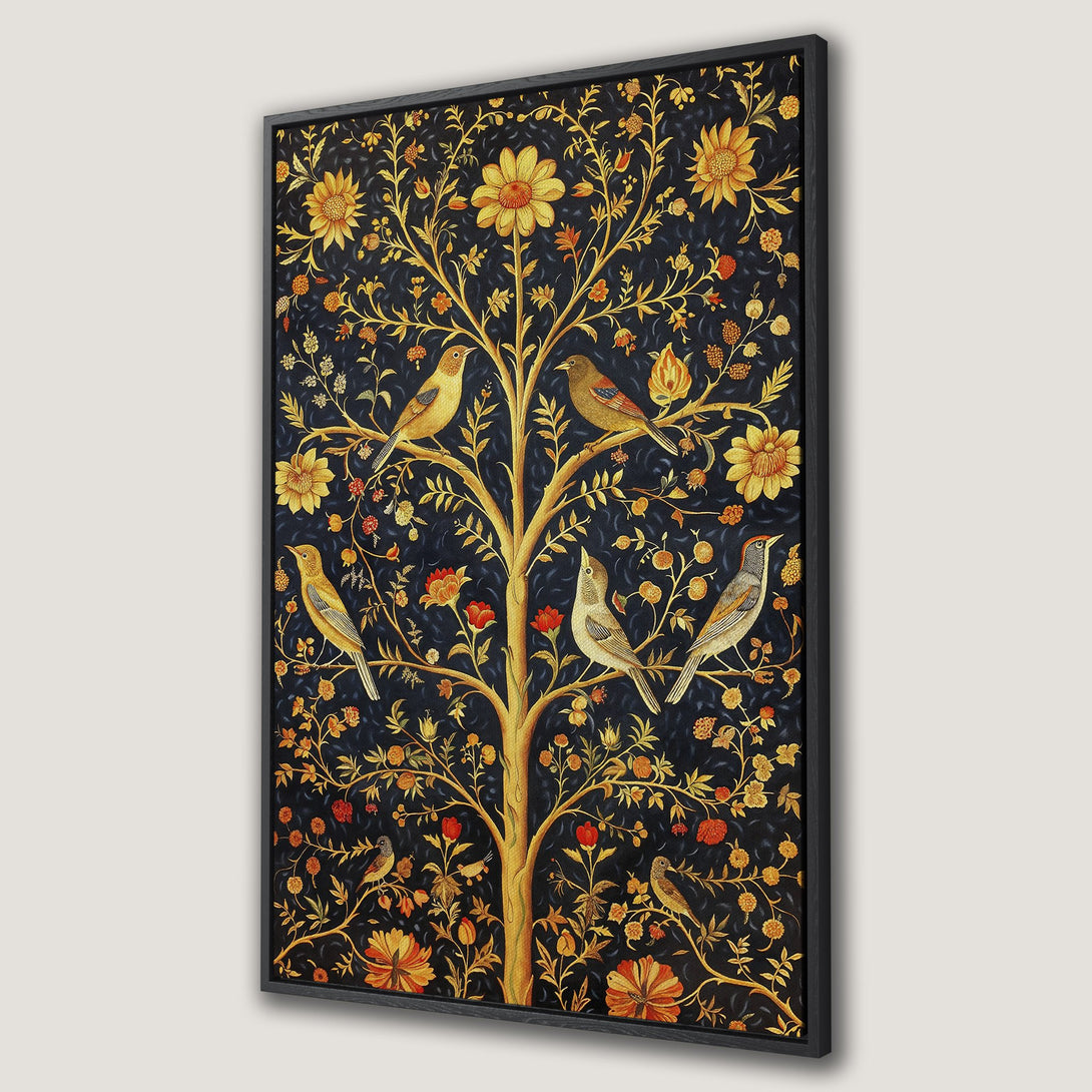 Framed Wall Art featuring a detailed floral and bird design in a vintage style. Dark blue background with gold and orange accents, perfect for any room.