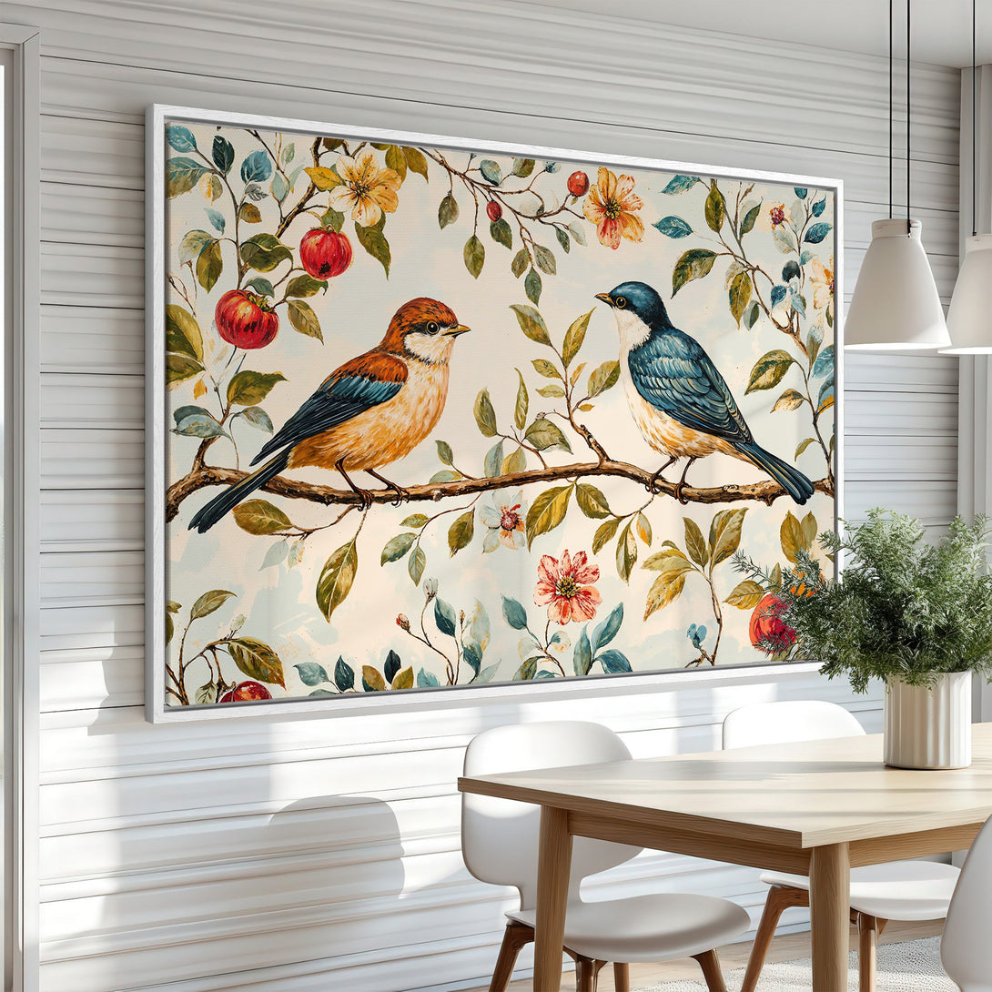 Framed Wall Art featuring watercolor birds and floral design. Soft, warm color palette. Perfect for adding a touch of nature and elegance to your home decor.