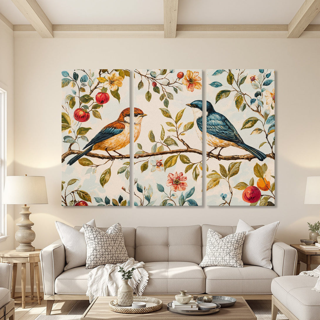Canvas Print: Watercolor birds on a branch, featuring a warm, natural color palette. Perfect wall art for a cozy living room.