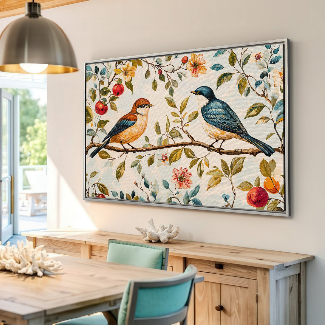 Framed Wall Art featuring watercolor birds on a branch with floral details. Soft, warm color palette perfect for adding a touch of nature to your home decor.