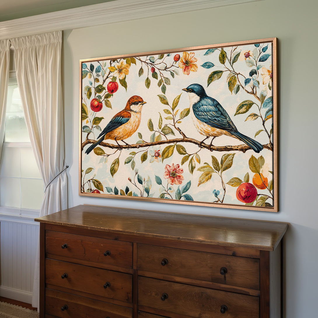 Framed Wall Art: Watercolor birds on a branch, warm tones. Perfect for adding a touch of nature to your home decor.