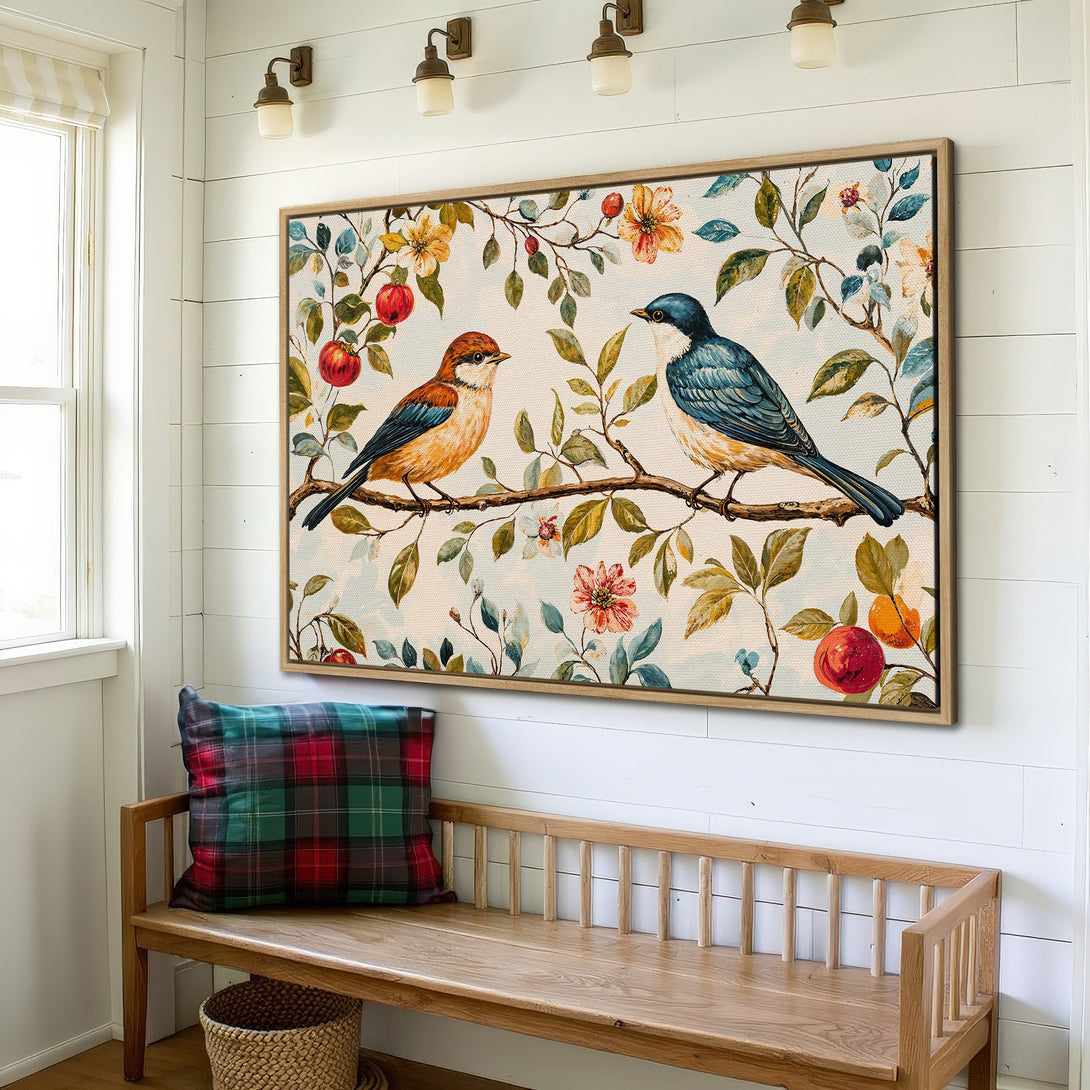 Framed Wall Art featuring watercolor birds on a branch. Rustic style with warm, earthy tones and pops of red, blue, and yellow. Perfect for home decor.