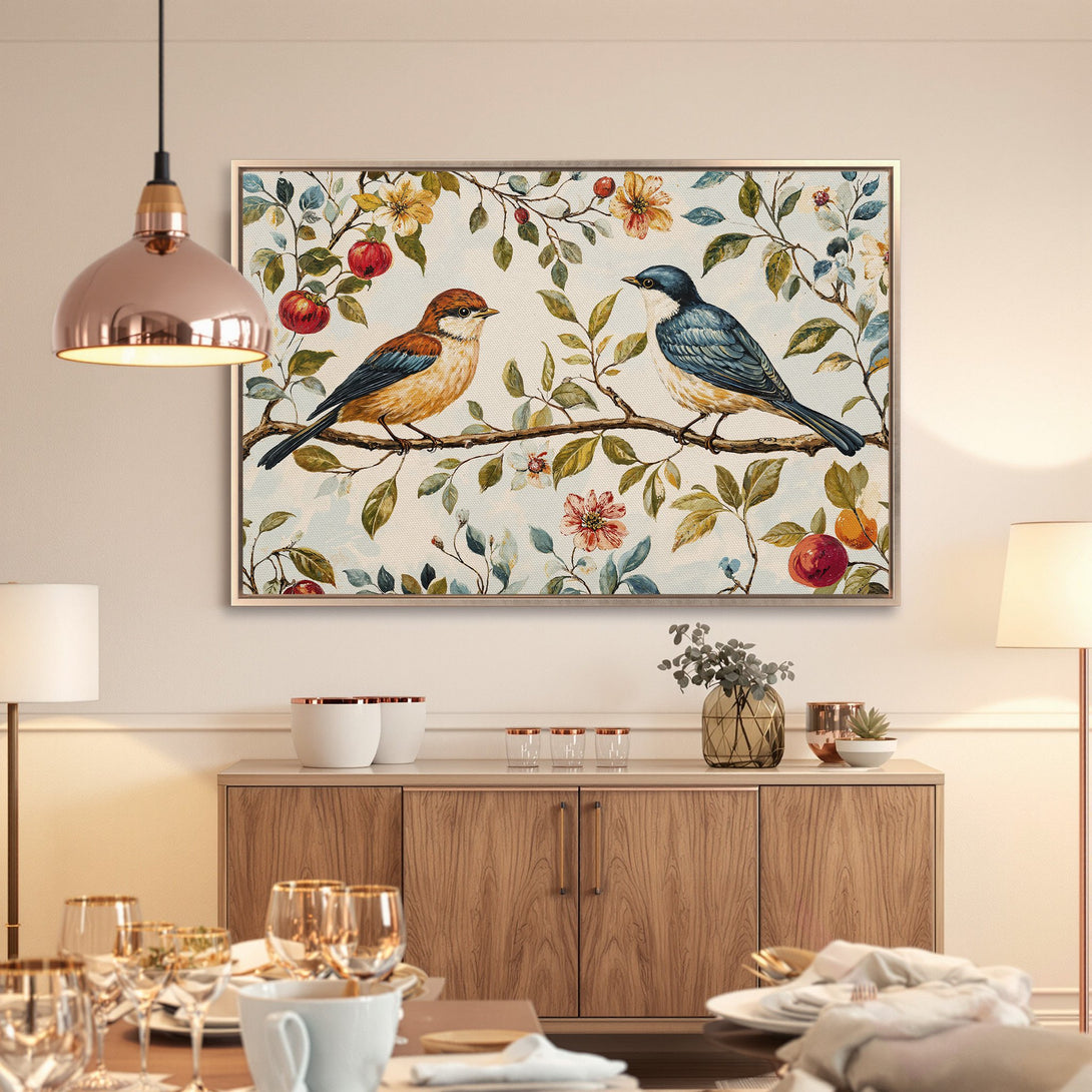 Framed Wall Art featuring birds and floral elements in a vintage style with a warm, inviting color palette. Perfect for adding charm to any space!