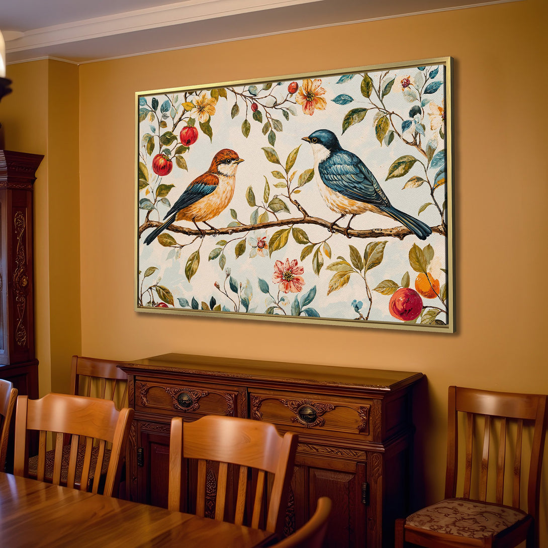 Canvas Print featuring watercolor birds on a branch. Soft, warm color palette. Perfect for adding a touch of nature to your home decor.