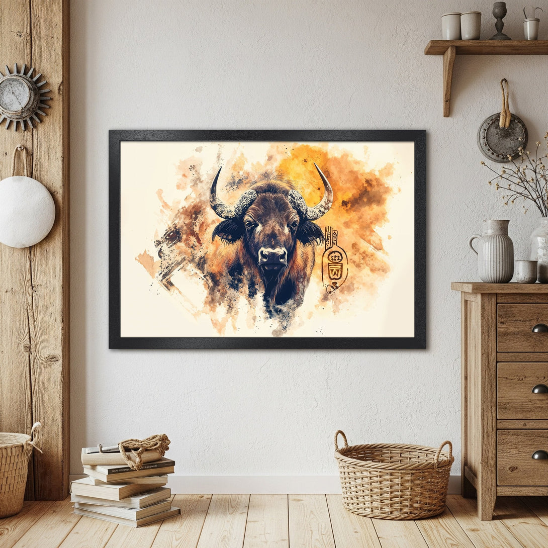 Framed Poster of a bison in watercolor style, warm orange & brown tones. Rustic wall art for home decor.